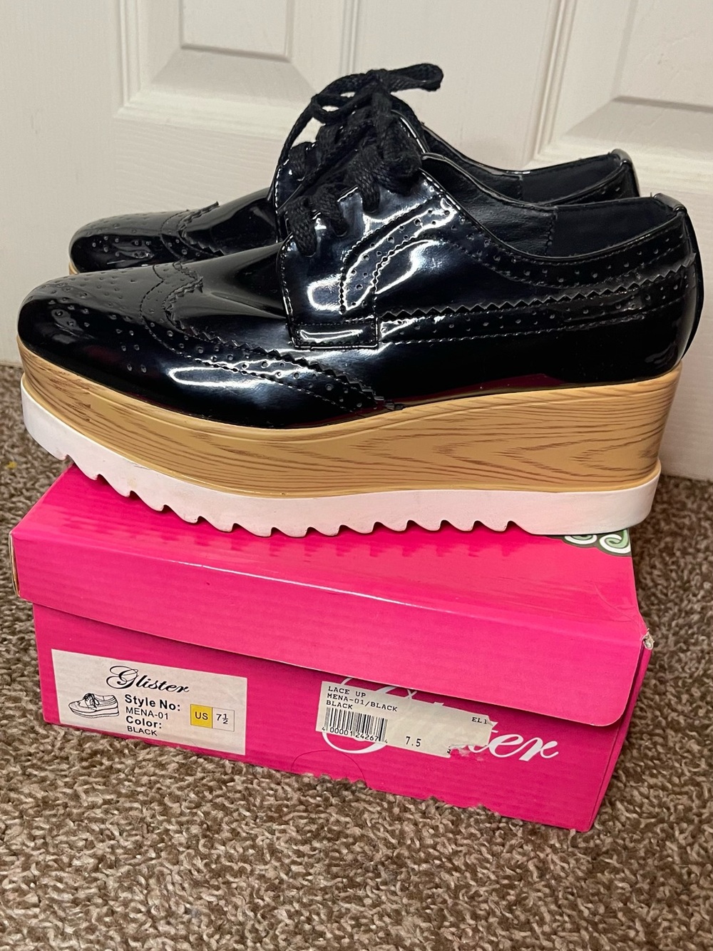Black Patent Platform Wingtip Lace-Up Shoes